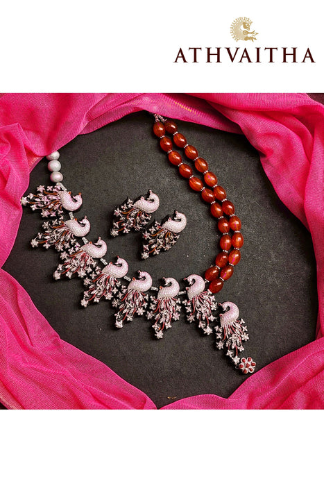 Peacock With Pearl Detailing Terracotta Necklace & Earrings Set