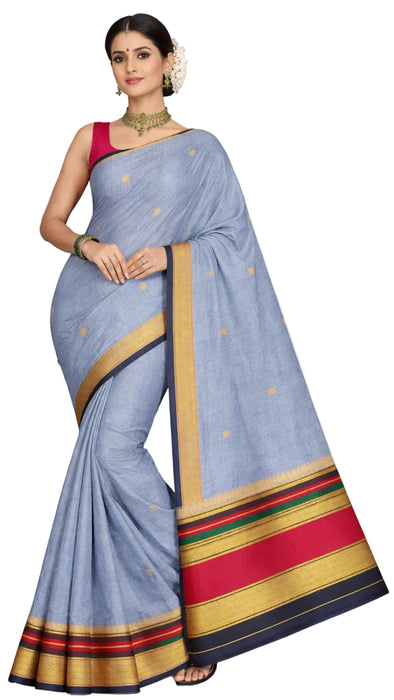 Rani Handloom Rich Cotton Saree – Grey With Black Zari Border