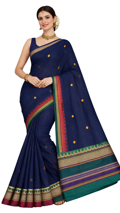 Rani Rich Cotton Saree – DarkBlue With Red Thread Border