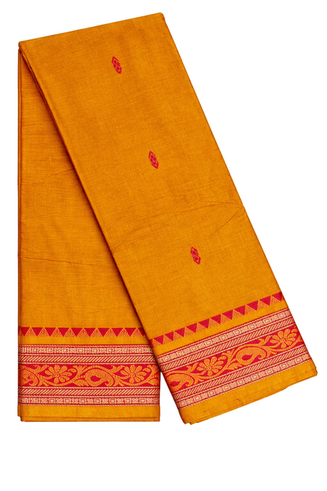 Chettinad Cotton Saree with Traditional Border - Mustard With Redsoil