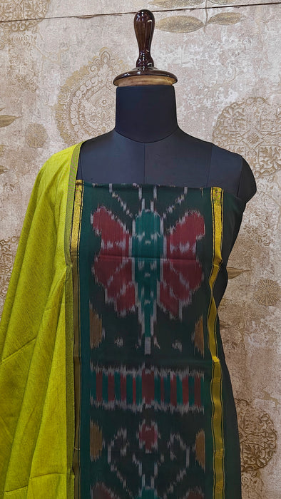 Ikkat Sico Silk Cotton Salwar Material - BottleGreen With OliveGreen