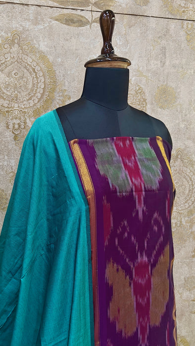 Ikkat Sico Silk Cotton Salwar Material - Purple With RamaGreen