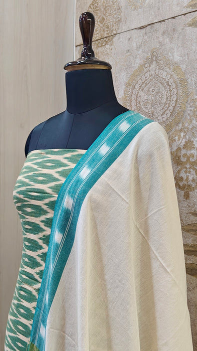 Ikkat Pochampally Pure Cotton Salwar Material -OliveGreen With White