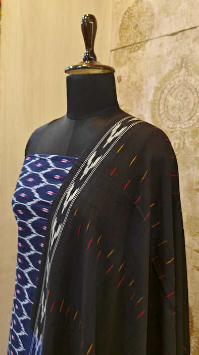 Ikkat Pochampally Pure Cotton Salwar Material - DarkBlue With Black