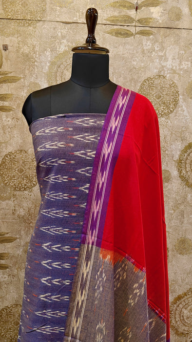 Ikkat Pochampally Pure Cotton Salwar Material -LightPurple With Red