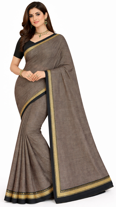 Narayanpet Cotton Saree -Gray With Black Thread Border