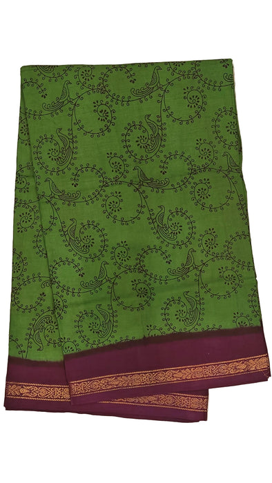 Rani Sungudi Cotton Sarees Double Side Zari Border Parrot Print-OliveGreen-Purple