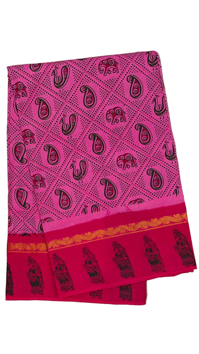 Rani Sungudi Cotton Sarees Double Side Border Elepant Peacock-Pink