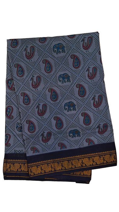 Rani Sungudi Cotton Saree Double Side Border Elepent Peacok-Gray-Darkblue
