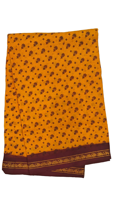 Rani Sungudi Cotton Sarees Double Side Zari Border Flower Print-Yellow-Maroon