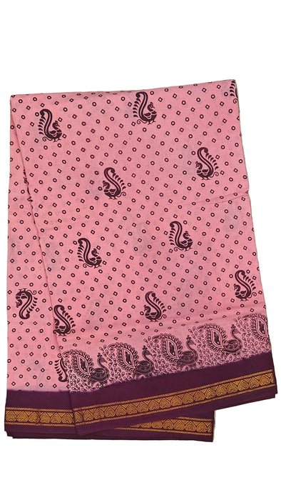 Rani Sungudi Cotton Sarees Double Side Zari Border Polka Dot With Mayil Print-BabyPink-Purple