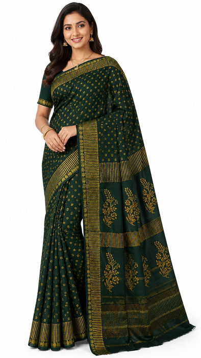 Rani Sungudi Saree Doubleside 1inch Border Self - Chakra Bandini-BottleGreen
