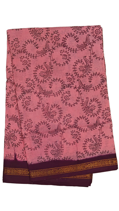 Rani Sungudi Cotton Sarees Double Side Zari Border Parrot Print-Babypink-Purple