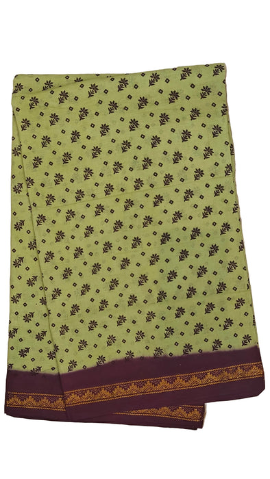 Rani Sungudi Cotton Sarees Double Side Zari Border Flower Print-YellowishGreen-Purple