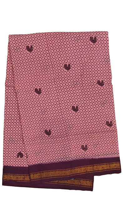Rani Sungudi Cotton Sarees Double Side Zari Border Small mayil Print-BabyPink-Purple