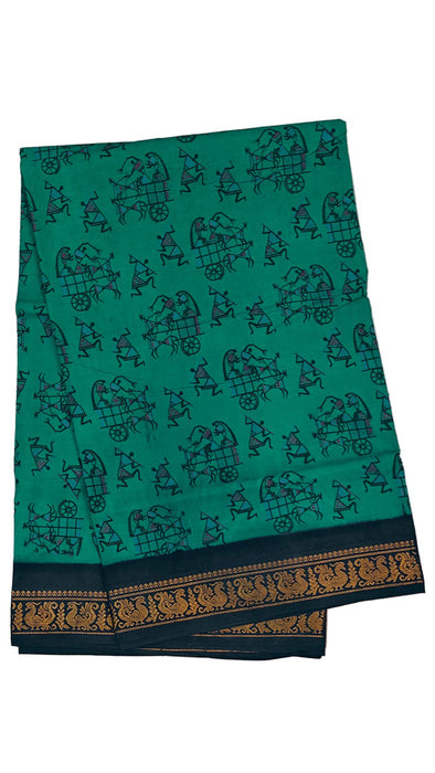 Rani Sungudi Cotton Saree Double Side Border DS Warli-Green-DarkBlue