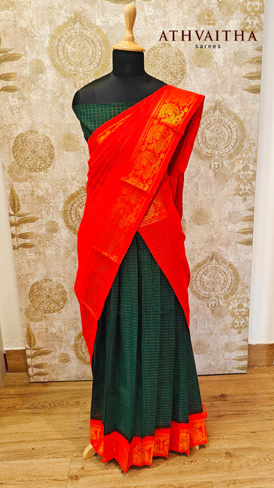 Heritage Rani Cotton Half Saree Material-Bottlegreen-Red