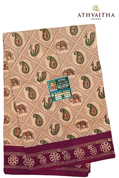 Heritage Rani Sungudi Without Zari Cotton Animation Hand Block With Contrast Border Sarees  - 9.50Yards Madisar