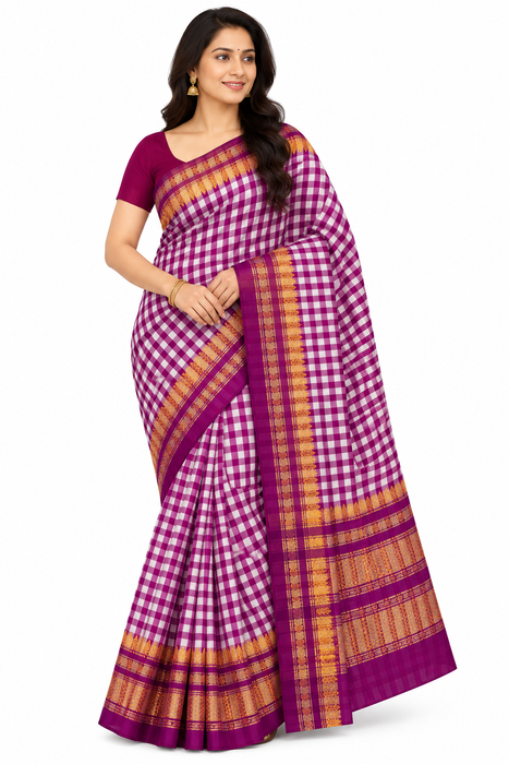 Timeless Ilkal Tradition, Woven with Zari Elegance -Magenta & White Checks with a Deep Purple