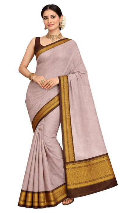 Rani Rich Cotton Saree – Biscuit With Brown Zari Border