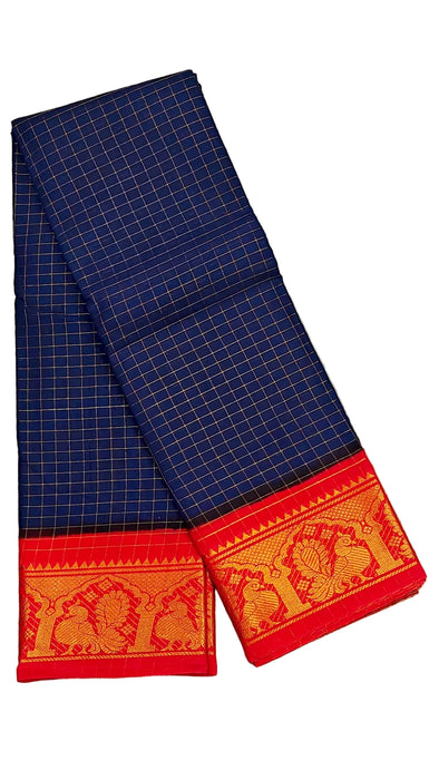 Rani Sungudi Cotton Zari Checks Contrast Double Side Boder -DrakBlue-Red
