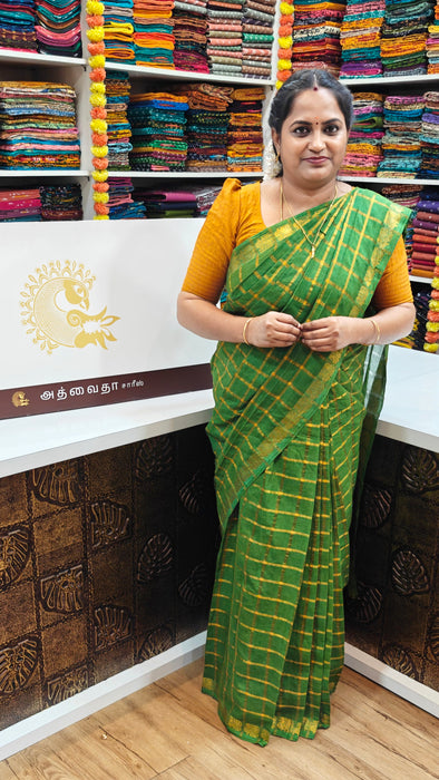 Rani Sungudi Cotton Big Zari Checks Self - OliveGreen