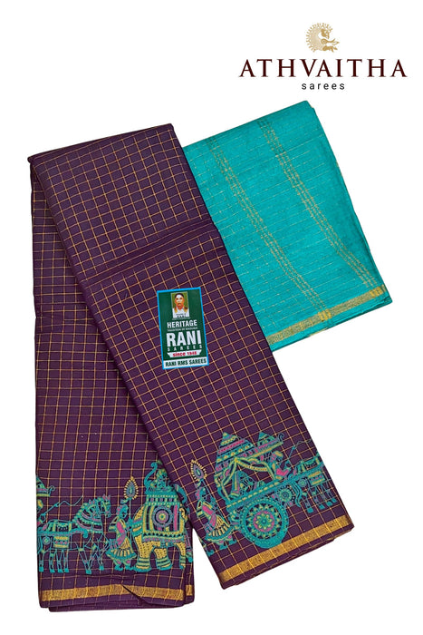 Rani Zari Checks With Kalamkari Design Contrast With Blouse