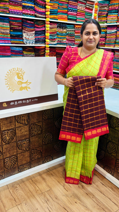 Rani Sungudi Premium Cotton Big Zari Checks- Coffee Brown With Pink