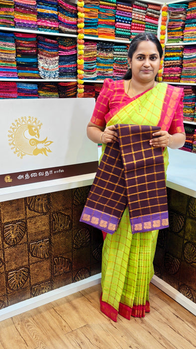Rani Sungudi Premium Cotton Big Zari Checks- CoffeeBrown With Violet