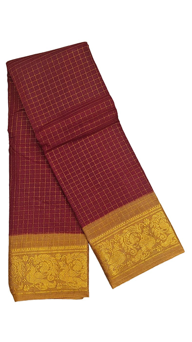 Rani Sungudi Cotton Zari Checks Contrast Double Side Boder -Maroon-Mustard