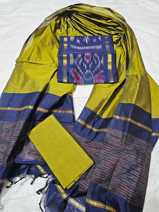 Ikkat Sico Silk Cotton Salwar Material - DarkBlue With OliveGreen