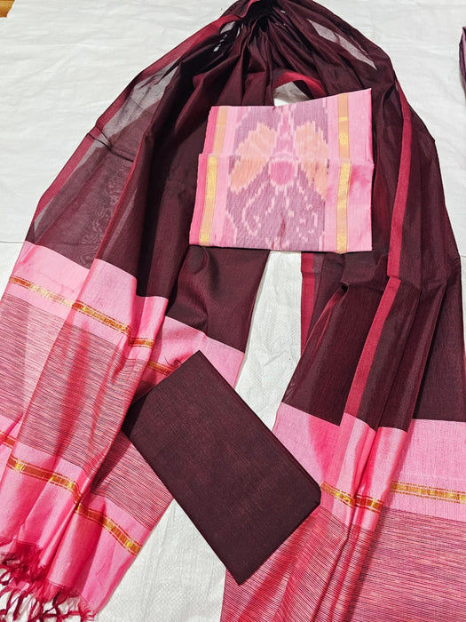 Ikkat Sico Silk Cotton Salwar Material - BabyPink With Maroon