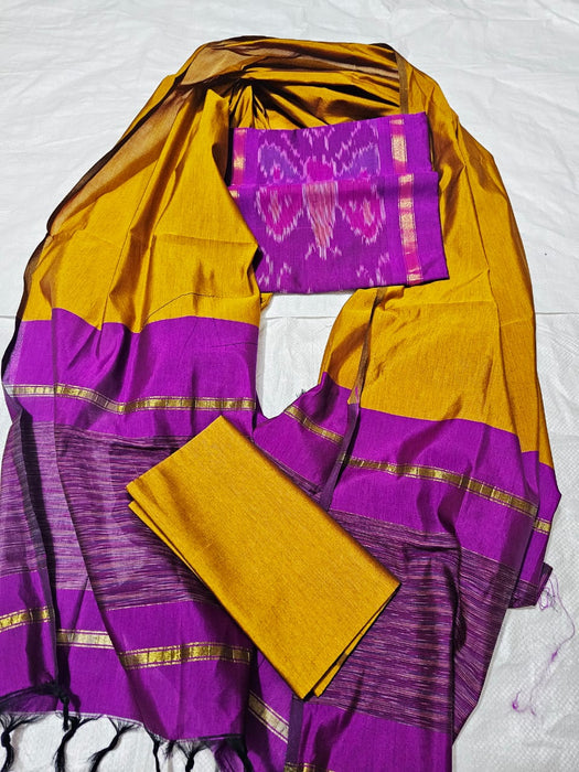 Ikkat Sico Silk Cotton Salwar Material - Magenta With Mustard