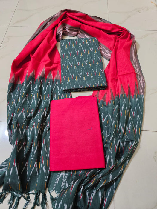 Ikkat Pochampally Pure Cotton Salwar Material - Light Green With Red