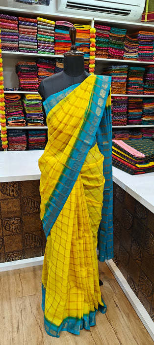 Rani Sungudi Premium Cotton Big Zari Checks-Yellow-SkyBlue