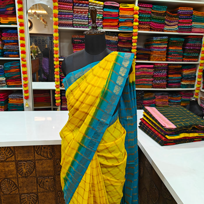 Rani Sungudi Premium Cotton Big Zari Checks-Yellow-SkyBlue
