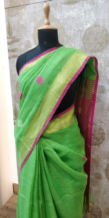 Handloom- Linen Ball Jamdani-100's - P.Green With Pink