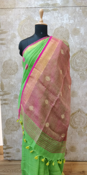 Handloom- Linen Ball Jamdani-100's - P.Green With Pink