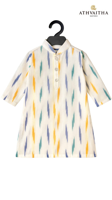 Boys Handloom Ikkat Cotton Kurta 1 to 5 Year – White Multicolor Print