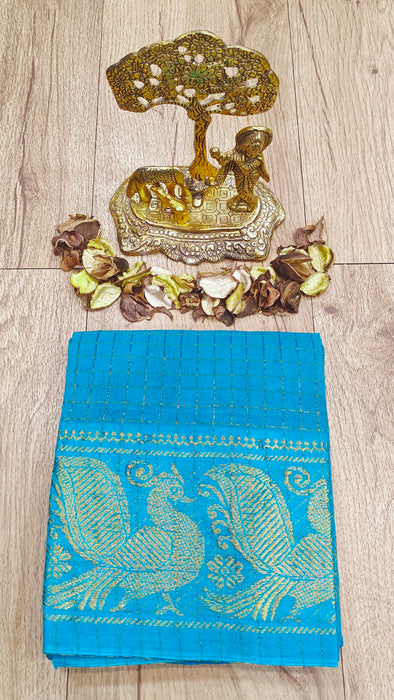 Rani Sungudi Zari Checks Blouse Material - SkyBlue