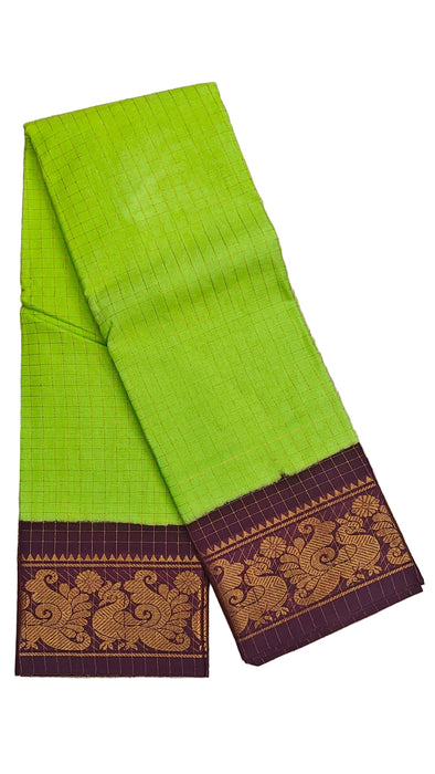 Rani Sungudi Cotton Zari Checks Contrast Double Side Boder - SnehaGreen-Brown