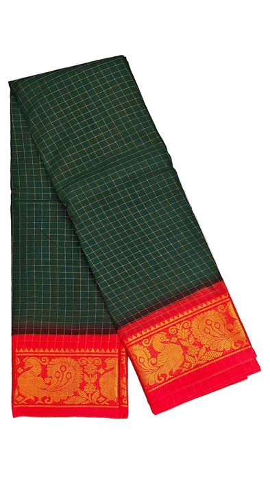 Rani Sungudi Cotton Zari Checks Contrast Double Side Boder - Bottel Green-Red