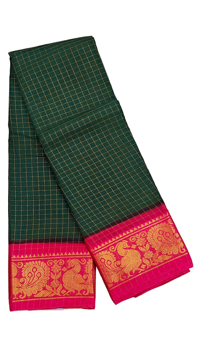 Rani Sungudi Cotton Zari Checks Contrast Double Side Boder - Bottel Green-Pink