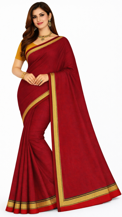 Narayanpet Cotton Saree -Maroon With Red Thread Border