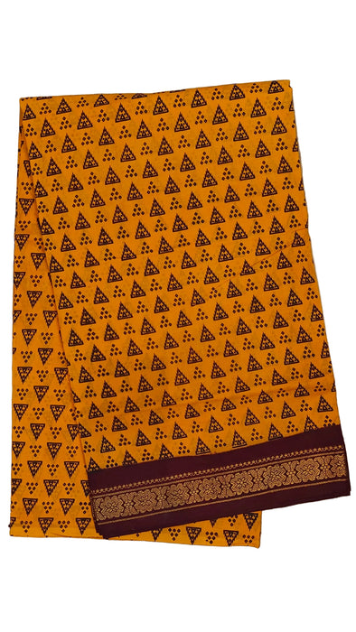 Rani Sungudi Cotton Saree OneSide Border Hand Black - Yellow With Brown