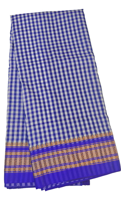 Royal Blue & White Checked Ilkal Saree with Zari Border - RoyalBlue With White
