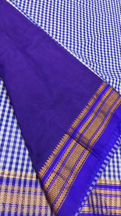Royal Blue & White Checked Ilkal Saree with Zari Border - RoyalBlue With White