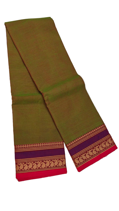 Handloom Chettinad Cotton Saree – O.Green With Magenta Thread Border