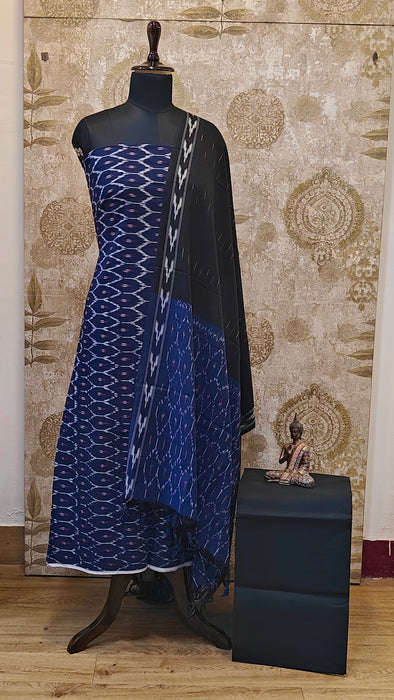 Ikkat Pochampally Pure Cotton Salwar Material - DarkBlue With Black