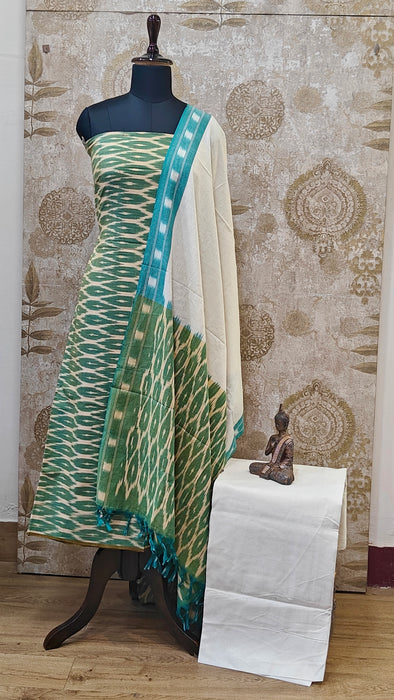 Ikkat Pochampally Pure Cotton Salwar Material -OliveGreen With White